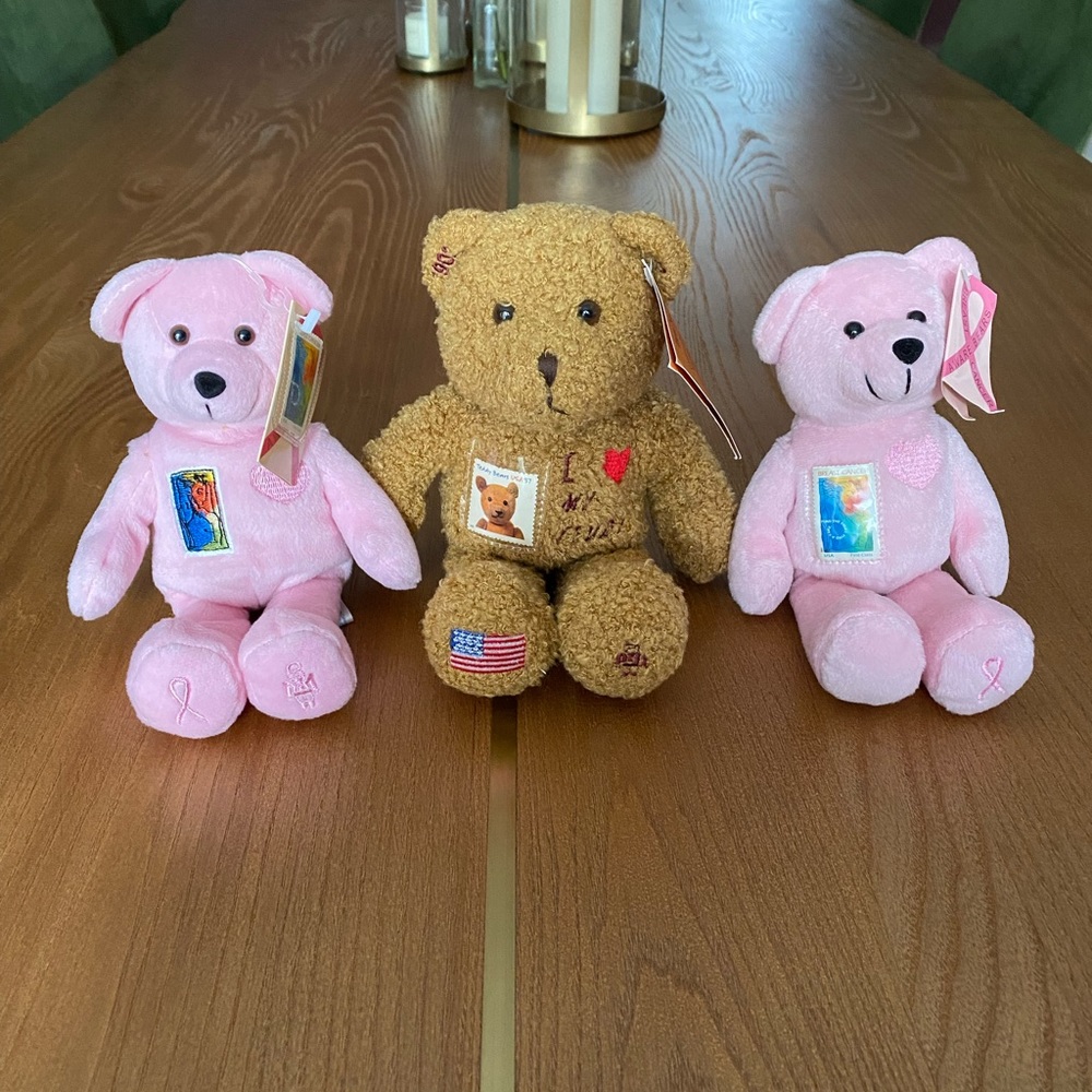 Post Office Stamp Collection Teddy Bear Breast Cancer Aware Bear & 100 Year Bear